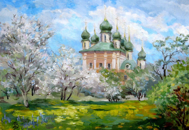 Обои картинки фото рисованные, города, сад, купола, церковь, деревья, цветение, весна