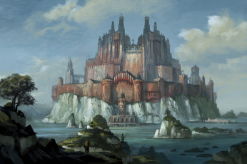 Картинка фэнтези замки стена замок остров мир иной крепостная