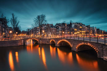 обоя города, амстердам , нидерланды, мост, река