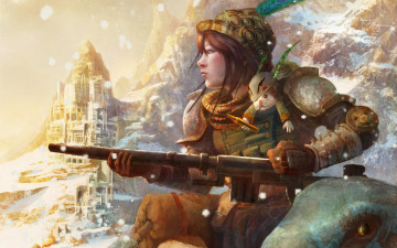 Картинка фэнтези девушки солдат зима девушка существо воин винтовка