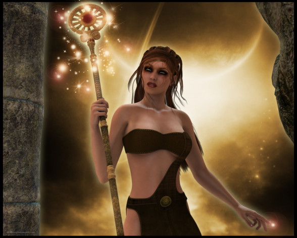 Обои картинки фото 3д графика, fantasy , фантазия, девушка, жезл, магия