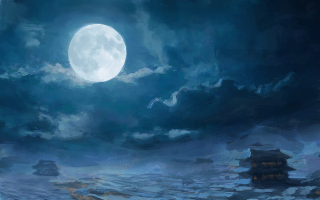 Обои картинки фото луна, рисованные, живопись, ночь