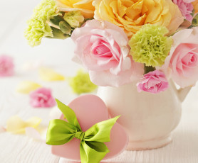 обоя праздничные, день святого валентина,  сердечки,  любовь, roses, love, сердце, любовь, цветы, розы, ваза, нежные, букет, pastel, delicate, flowers, heart