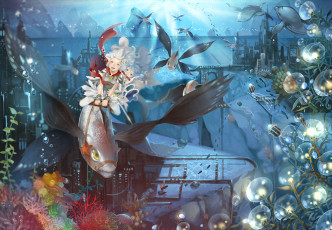 Картинка аниме животные +существа морские звезды город рыбы девочки