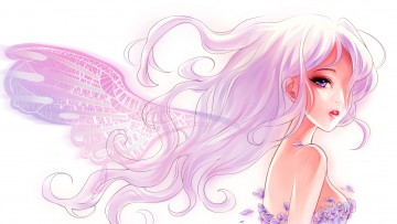 Картинка аниме ангелы +демоны лепестки крыло розовые волосы девушка