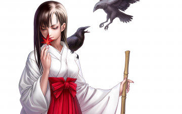Картинка аниме животные +существа девушка птицы вороны лист