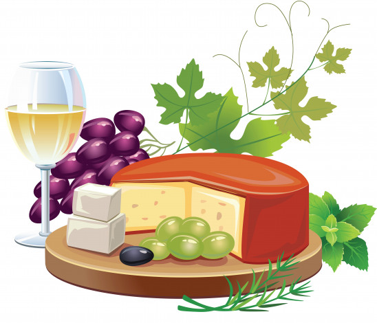 Обои картинки фото векторная графика, еда, бокал, виноград, лоза, листья, торт, тарелка