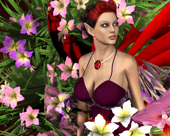 Обои картинки фото 3д графика, эльфы , elves, цветы, рыжая, фон, взгляд, эльфийка