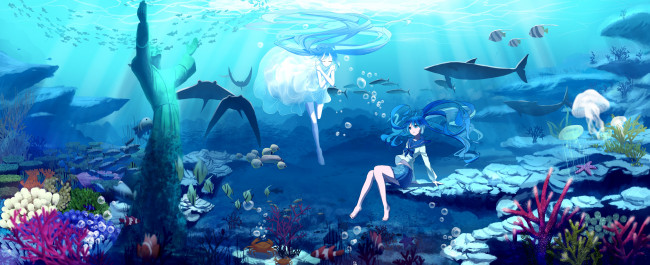 Обои картинки фото аниме, vocaloid, hatsune, miku, мир, вода, статуя, арт, медузы, кораллы, крабы, рыбы, siji-szh5522, подводный, девушки