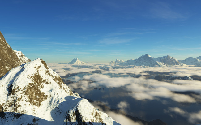 Обои картинки фото 3д графика, природа , nature, небо, горы, снег, облака