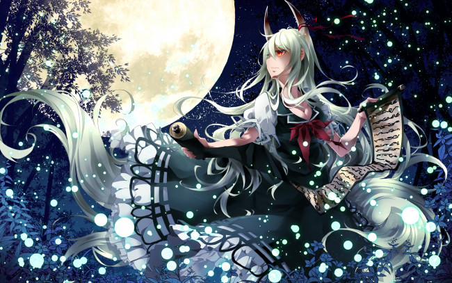 Обои картинки фото аниме, touhou, луна, свиток, демон, девушка, ночь, звезды