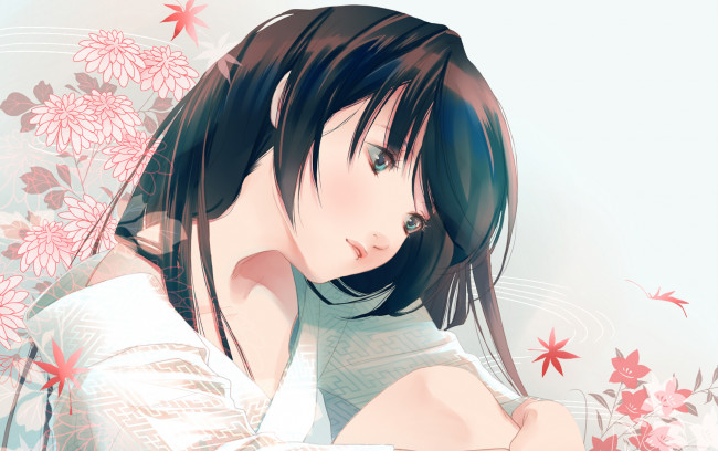 Обои картинки фото аниме, unknown,  другое, fuuchouin, kazuki, девушка, цветы, листья