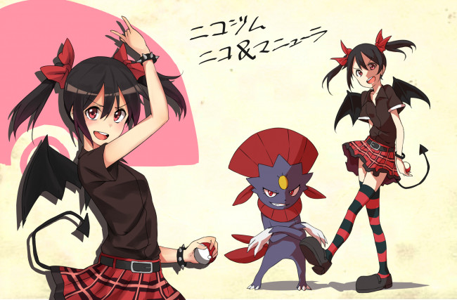 Обои картинки фото аниме, pokemon, арт, kakutasu, yazawa, nico, покебол, weavile, покемон, девушка