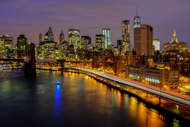 Обои картинки фото города, нью-йорк , сша, ночь, дома, небоскребы, огни, река