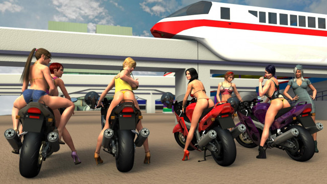 Обои картинки фото 3д графика, люди-авто, мото , people- car ,  moto, взгляд, девушки, мотоцикл, фон