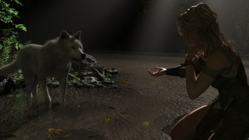Картинка 3д+графика люди+и+животные+ people+and+animals девушка взгляд фон волк