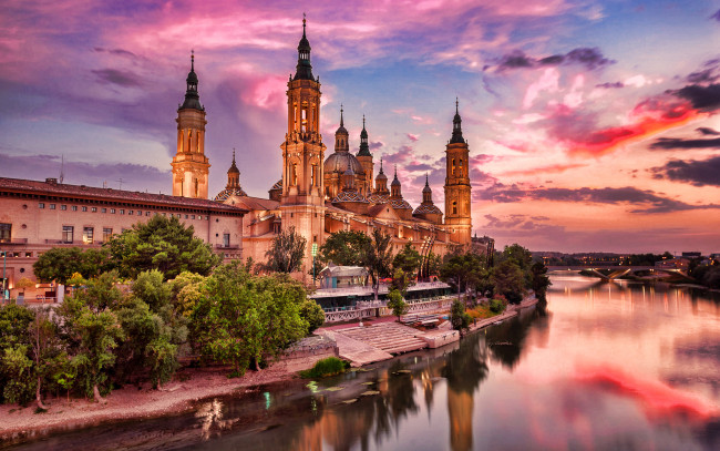 Обои картинки фото города, сарагоса , испания, закат, собор, река