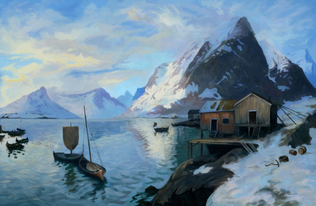 Обои картинки фото рисованное, природа, гора, лодка, озеро, причал, дом