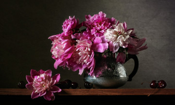 обоя цветы, пионы, букет, розовые, ваза