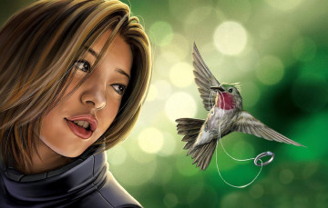 Картинка рисованное люди девушка лицо птица колибри кольцо