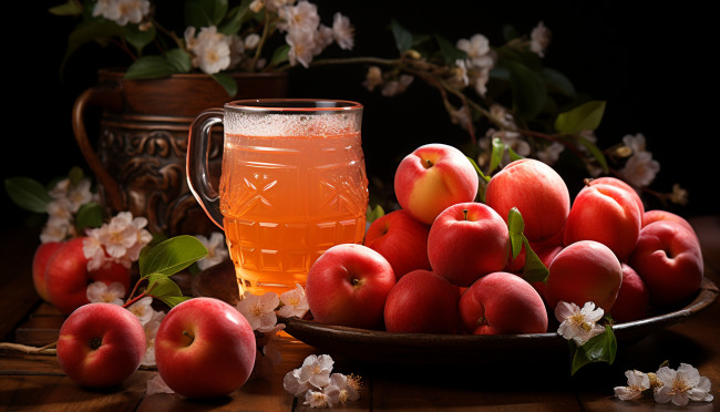 Обои картинки фото 3д графика, еда-, food, яблоки, кружка, напиток, натюрморт, яблочный, сидр, ии-арт, нейросеть