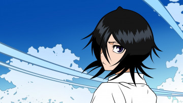 Картинка аниме bleach kuchiki rukia девушка прическа волосы ветер облака небо взгляд