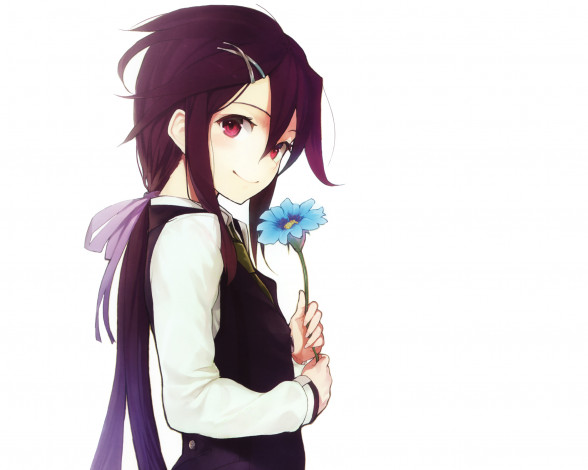 Обои картинки фото аниме, *unknown, другое, черные, волосы, цветок, девушка