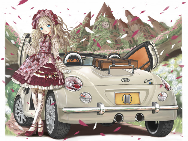 Обои картинки фото аниме, *unknown, другое, девушка, машина, платье, замок