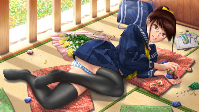 Обои картинки фото аниме, *unknown, другое, девушка, школьница, цветы, тюльпаны, букет, лёжа, весна, очки
