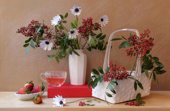 Картинка цветы букеты композиции клубника корзина диморфотеки ягоды