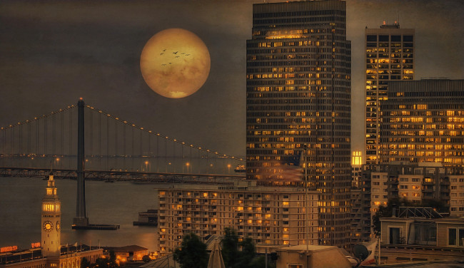 Обои картинки фото города, сан, франциско, сша, здания, мост, луна, ночь