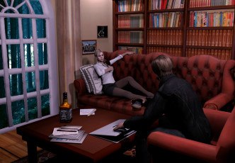 Картинка 3д+графика люди+ people девушка взгляд фон комната мужчина диван стол книги