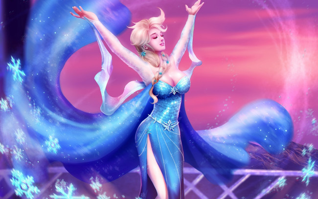 Обои картинки фото рисованное, кино, арт, frozen, девушка, грудь, elsa, снежинки, руки