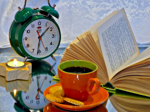 Картинка еда кофе +кофейные+зёрна книга будильник свеча