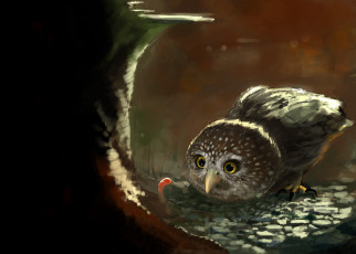 Картинка рисованное животные совёнок сова червяк птица