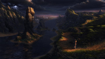 Картинка рисованное природа река горы скалы берег тучи молния человек вода