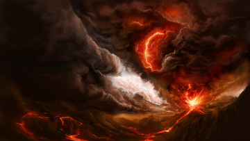 обоя рисованное, природа, стихия, вулкан, лава, молния, тучи, огонь