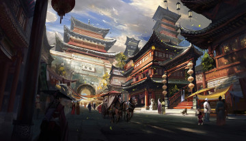 Картинка рисованное города поднебесная люди повозки пагоды город китай