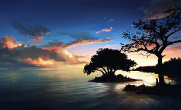 обоя рисованное, природа, небо, дерево, закат, берег, остров, море, вода, пейзаж