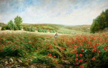 Картинка рисованное живопись девушка поле вид маки цветы долина холмы картина