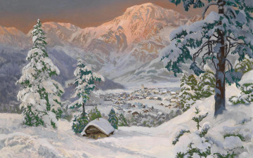 Картинка рисованное живопись снег горы