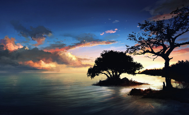 Обои картинки фото рисованное, природа, небо, дерево, закат, берег, остров, море, вода, пейзаж