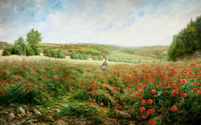 Обои картинки фото рисованное, живопись, девушка, поле, вид, маки, цветы, долина, холмы, картина