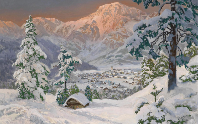 Обои картинки фото рисованное, живопись, снег, горы