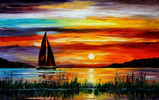 Обои картинки фото рисованное, живопись, солнце, тучи, закат, парус, лодка, небо, камыш, вода