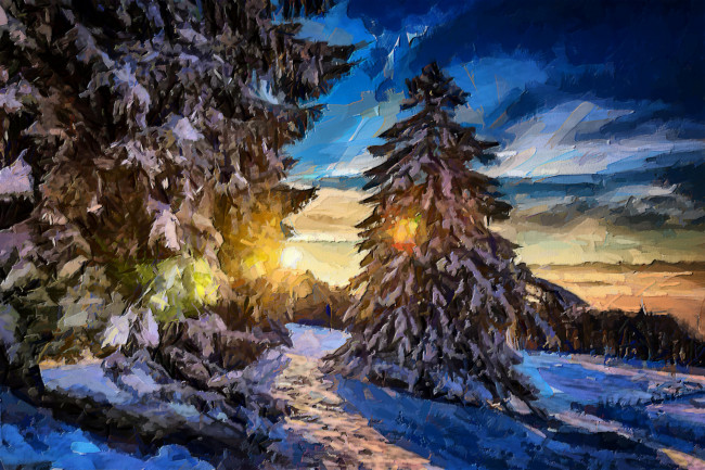 Обои картинки фото рисованное, природа, зима, ели, деревья, снег, вечер, солнце