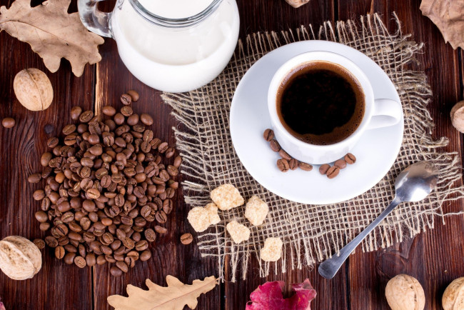 Обои картинки фото еда, кофе,  кофейные зёрна, чашка, зерна, молоко, сахар