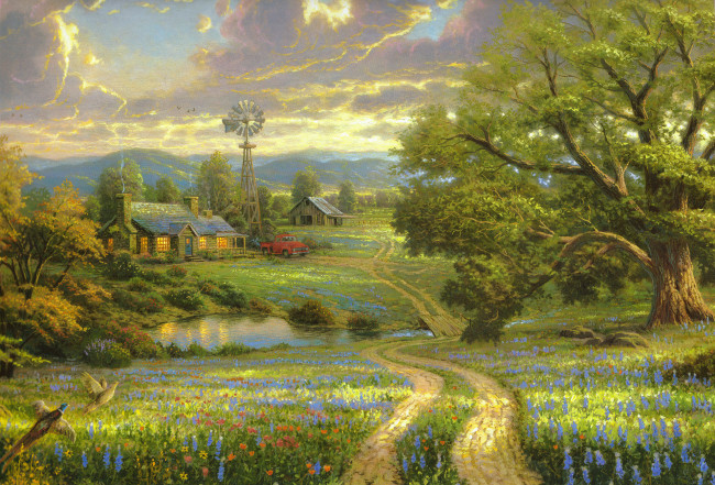 Обои картинки фото рисованное, живопись, тучи, дуб, небо, фазаны, машины, дорога, деревня, дом, дерево