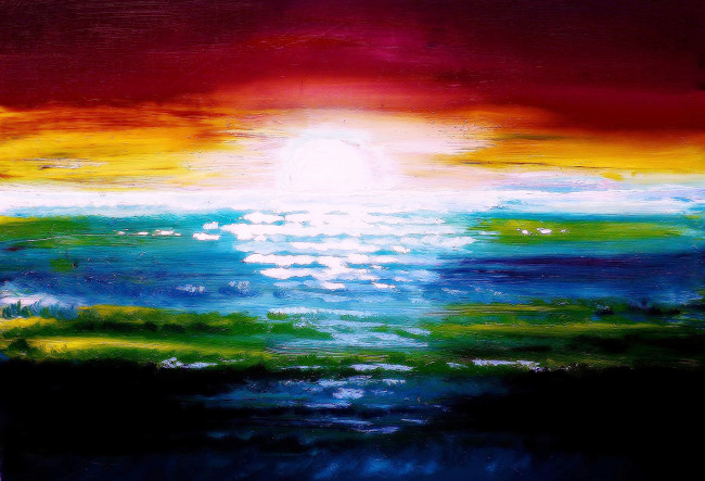 Обои картинки фото рисованное, живопись, краски, солнце, закат, масло, море