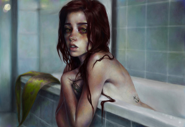 Обои картинки фото рисованное, люди, мокрая, татуировки, девушка, глаза, ванна